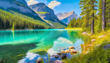 Fototapeta Natura - A tranquil lakeside view in summer in Banff, Canada, where emerald waters meet lush greenery, creating a refreshing and idyllic retreat.
