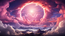 Round Frame Arch Among Pink Clouds, Banner Watercolor Soft Colors Softpastel, Heavenly Paradise Atmosphere
