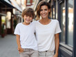 © Pemika - Mother and son wearing blank empty white t-shirt mockup for design template, mothers day concept