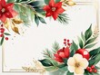 Fondo blanco con flores rojas colocadas en las esquinas, ideal para un cartel o postal de temporada navideña o boda