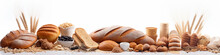 Bread And Various Rolls Isolated On A White Background Composition Is A Long Narrow Panorama Of The Top Of The Site.