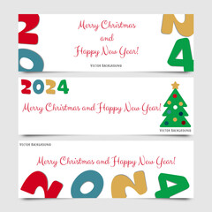 Wall Mural - Template of a cartoon set of white banners with the inscription Merry Christmas and Happy New Year 2024. Vector collection