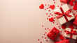 © ShniDesign - Top view of composition with Valentine's day decorations and copy space on beige background. Holiday 14 February romantic banner.