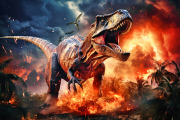 Tyrannosaurus T-rex ,dinosaur on smoke and fire background. Global catastrophe. A dinosaur escapes from the flames.