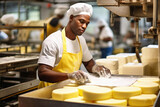 Fototapeta Do przedpokoju - Photo of a man making cheese in a white shirt and yellow apron. Industrial cheese production plant. Modern technologies. Production of different types of cheese at the factory.