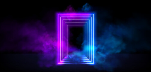 Wall Mural - neon glowing rectangular frame with tunnel and distance effect and smoke, realistic vector illustrat
