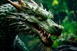 Close-up portrait of a green dragon's head, sharp teeth, muzzle with scales and spikes. Illustration for a computer game