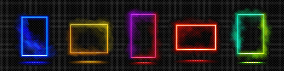 Wall Mural - Colorful neon light rectangles set isolated on transparent background. Vector realistic illustration of frames in clouds of smoke, magic gate glowing in dark space, teleport door, night show