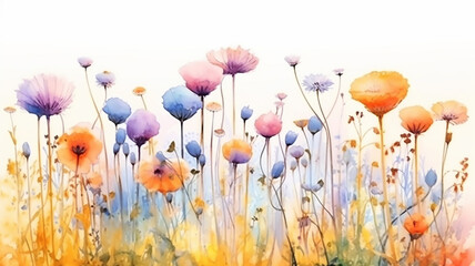 Wall Mural - multicolored wildflowers watercolor field drawing summer.