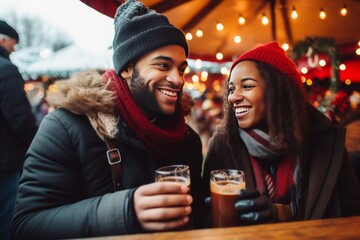 Wall Mural - young cheerful people drinking mulled wine at the christmas market on a winter vacation in warm winter clothes, airy lights and bokeh in the background