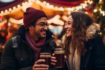 Wall Mural - young cheerful people drinking mulled wine at the christmas market on a winter vacation in warm winter clothes, airy lights and bokeh in the background