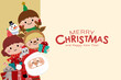 Merry Christmas and happy new year greeting card with Santa Claus, cute kids in xmas tree, deer and red costume. Holiday cartoon character in winter season. -Vector