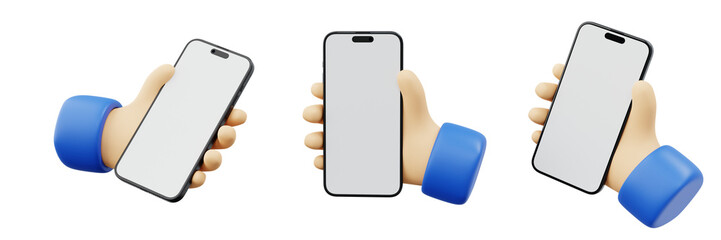 3D Cartoon hand holding smartphone, Hand using mobile phone with empty screen mockup concept ideas