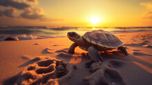 A Small Turtle On A Beach At Sunset