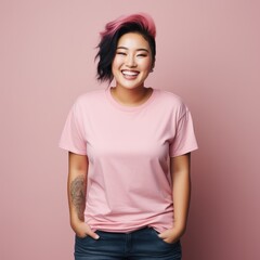 Wall Mural - A beautiful Asian woman wearing blank tshirt for mockup