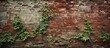 © Sariyono - Old brick wall with green leaves, grunge background texture, panorama