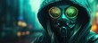 Cyberpunk inspired girl wearing a leather hoodie jacket gas mask and protective glasses Colorful 3D render of glowing green wires on a city backdrop with a skull featuring a cross in its eyes C