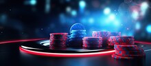 Floating Blue Podium With Neon Ring 3D Dice And Realistic Casino Chips In A Dark Scene Copy Space Image Place For Adding Text Or Design