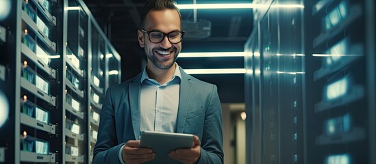 Female e business entrepreneur enjoys using a tablet while IT engineer and system administrator work in a cloud server farm Copy space image Place for adding text or design