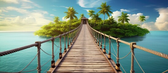 Canvas Print - Exotic scenery of a bamboo bridge hanging over the sea leading to a remote desert island offering a beautiful tropical landscape and a way to experience wild nature vacations through adventure