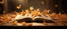 Fall Ambiance Browsing Pages Of A Book Surrounded By Maple Leaves And Dried Foliage In A Rustic Envelope Copy Space Image Place For Adding Text Or Design