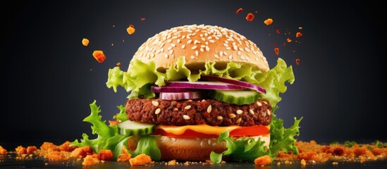 Poster - Delicious veggie burger with carrot patty on a plain backdrop Copy space image Place for adding text or design