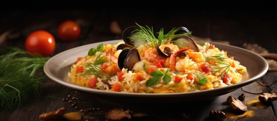 Wall Mural - Delicious Italian seafood risotto Copy space image Place for adding text or design