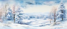 Fairytale Winter Landscape Illustrated With Watercolors Featured In A Seamless Pattern For A Children S Poster Copy Space Image Place For Adding Text Or Design