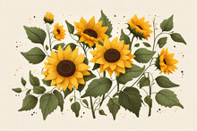 Yellow Sunflower With Leaves On White Background