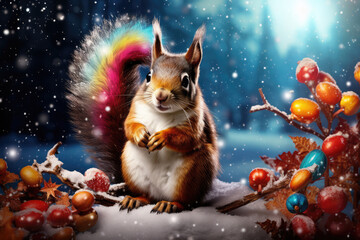 Wall Mural - colorful illustration of a squirrel in the forest, magical winter night with snow