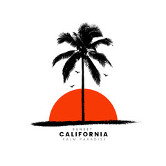 Wall Mural - California sunset logo badge on white background graphics for t-shirts and other print production. Vector illustration for design. Palm tree silhouette sunset concept.