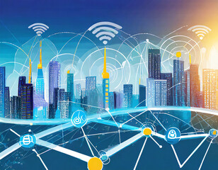 Wall Mural - smart city concept with wireless network connection and cityscape