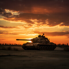 Tank at sunrise. Generative ai. 