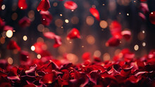 Valentines Day Background With Red Rose Petals And Bokeh Lights, Symbol Of Love, Romance And Commitment