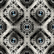 Patrón abstracto simétrico con temática de cámara fotográfica o cámara de vigilancia color gris y azul, textura para fondo o papel de regalo.