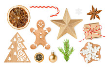 Collection Of Christmas Decorations, Cookies And Spices On A White Isolated Background