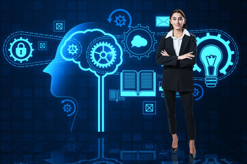 Wall Mural - Attractive happy young woman with folded arms and joint search for ideas hologram, abstract person's head, filled with ideas of thought and analytics. Blue background.