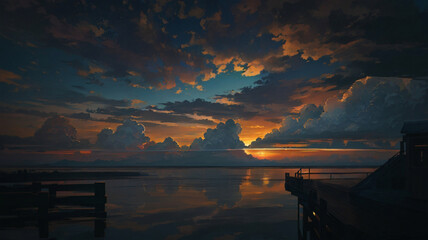 Wall Mural - Cloudy sunset on the sea dock watercolor painting