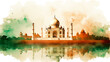 India Republic Day celebration. Taj Mahal watercolor style illustration. Travel destination.