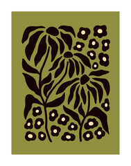 Fototapete - Modern floral botanical card. Abstract flowers silhouette, natural poster. Blooming plants, wall art. Botanical postcard with camomiles pattern in trendy style. Contemporary flat vector illustration