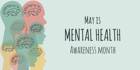 Wall Mural - Trendy retro Mental Health awareness month banner with brain in head. Mental Health poster in modern groovy style with copy space. Vector illustration can used web pages, flyer, card cover.