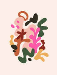 Leinwandbilder - Abstract modern card design. Trendy poster with creative shapes, fluid elements, blobs, blots. Vertical background, interior wall art in contemporary style. Colored flat graphic vector illustration