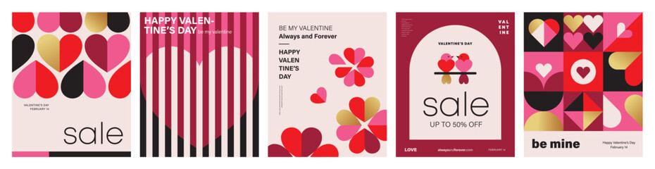 Poster - Set of Valentine's Day poster, greeting card, cover, label, sale promotion templates, pattern background in modern trendy geometric style.