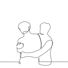 Wall Mural - man tightly hugs another man who doesn't really want it - one line art vector. concept forcibly hugging, tactile and non-tactile friends, brotherly relationship