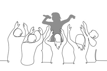 Wall Mural - female artist on stage sings into a microphone, a crowd of cheering fans raised their hands - one line art vector. concept live performance of your favorite artist, music festival