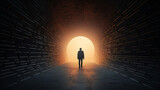 Fototapeta Perspektywa 3d - Silhouette of a man walking through a tunnel.