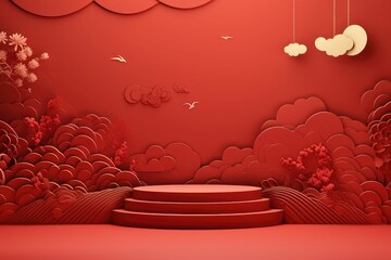 Podium round stage podium and paper art Chinese new year,Chinese Festivals, Mid Autumn Festival red paper cut ,flower and asian elements with craft style on background.