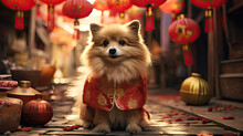 Dog With Red Clothing On The Chinese New Year Street Background