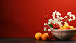 Chinese new year red ornament wallpaper with oranges fruits and flowers