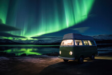 Generative AI Image Vintage Van Parked Beside A Lake With A Mesmerizing Display Of The Northern Lights In The Night Sky Above Snow-capped Mountains